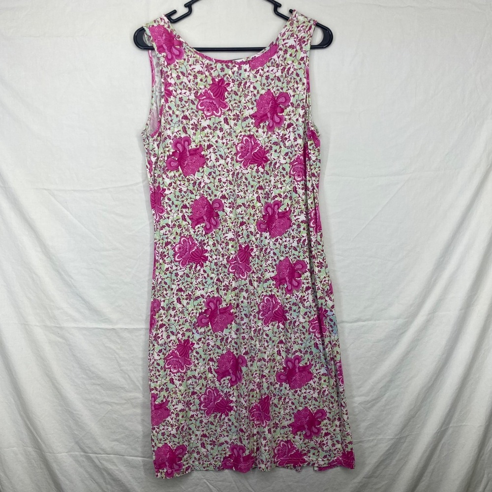 Pineapple Moon Pink Green Floral Rayon Lycra Sleeveless Midi Tank Dress Medium